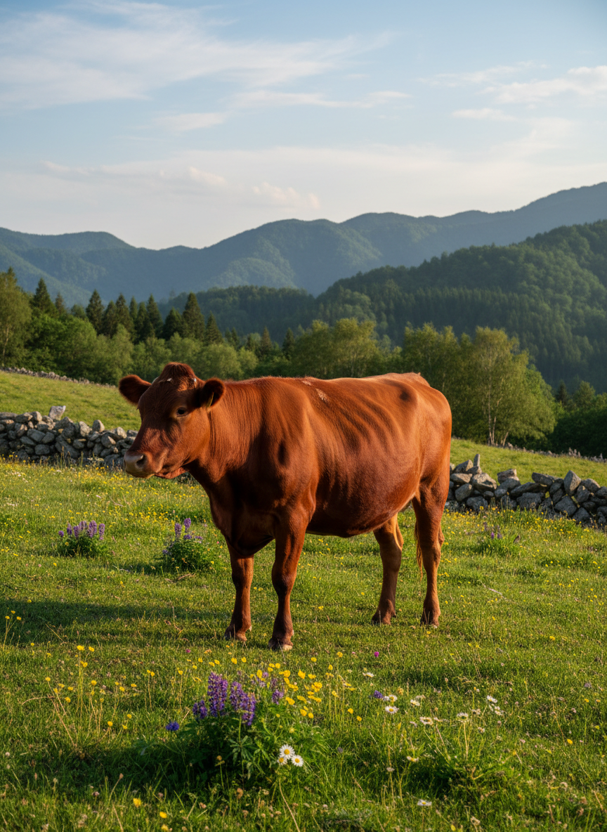 A sturdy, deep reddish-brown Yamagata-mura Tankaku cow with a glossy coat stands in a lush green pasture on a gentle hillside outside Kuji, Iwate. Wildflowers and rugged stone fences dot the field, and distant forested mountains rise under a wide blue sky. Soft late-afternoon sunlight creates warm highlights along the animal’s muscular shoulders and back, casting a clean shadow in the grass. Photographic realism captured at eye level with a slight three-quarter angle, sharp focus on the cow and a gently blurred background. The mood is calm, dignified, and respectful, emphasizing the close bond between cattle and landscape without showing any people.