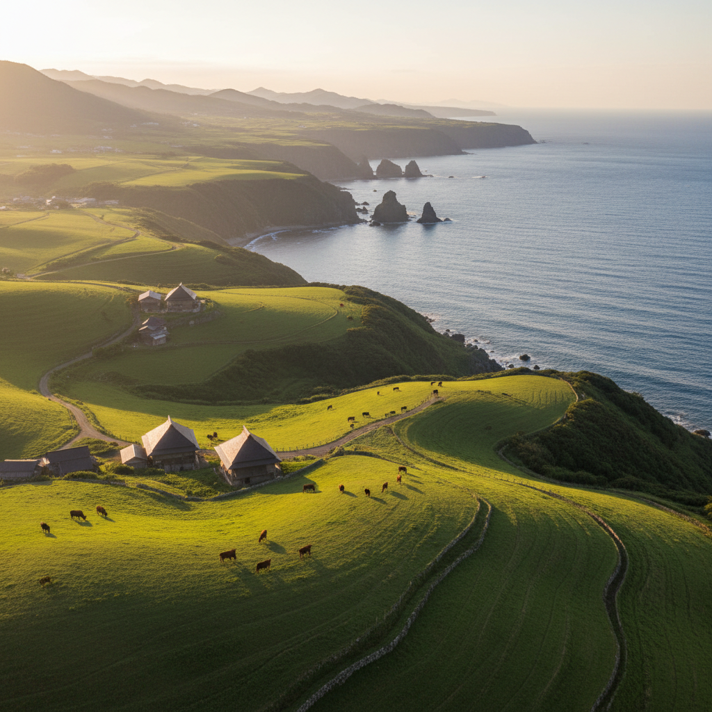 A panoramic view of Kuji’s coastal and mountain landscape in photographic realism: rolling green hills with grazing Tankaku cattle in the midground, their dark reddish coats contrasting against bright grass, leading the eye toward a distant rugged coastline and glimmering Pacific Ocean. Scattered traditional farm buildings with tiled roofs nestle among fields. Golden hour light bathes the scene, casting long, gentle shadows and highlighting the contours of the land. Captured from a high vantage point with a wide-angle lens, the composition uses sweeping diagonal lines of ridges and fences to draw viewers into the depth of the scene. The atmosphere feels expansive, serene, and quietly awe-inspiring.