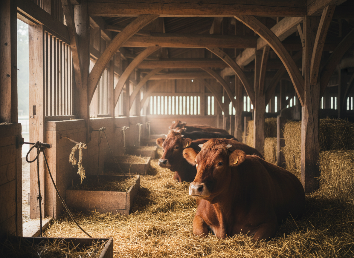 Inside a traditional wooden cattle barn in Kuji, heavy beams and weathered planks frame a row of calm Tankaku cows resting in clean straw bedding. Their coats range from deep chestnut to dark brown, catching soft side light that filters through narrow slats and a half-open door. Chewed rope halters, wooden feed troughs, and neatly stacked straw bales add texture and authenticity. The air appears slightly dusty in the shafts of light, creating a tranquil, almost sacred atmosphere that suggests generations of care and knowledge. Photographic realism, shot at eye level down the center aisle with leading lines drawing attention to the nearest cow in crisp focus.