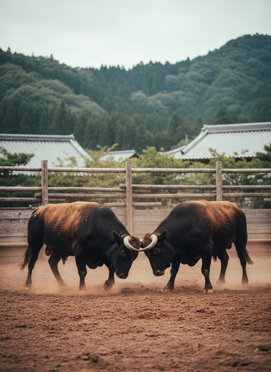 Two powerful dark-brindle bulls face each other in a traditional northern Japan bullfighting ring in Kuji, rendered in photographic realism. Their horns touch cautiously, muscles tensed, hooves pressing into the packed earth, dust rising subtly around them. The earthen ring is encircled by rustic wooden fencing, with forested hills and old tiled rooftops visible beyond, softly out of focus. Overcast, diffused daylight gives the scene a solemn, respectful atmosphere, avoiding any sense of cruelty. Shot from a low, slightly off-center angle, using the rule of thirds to highlight the bulls’ poised strength and the cultural gravitas of the moment.