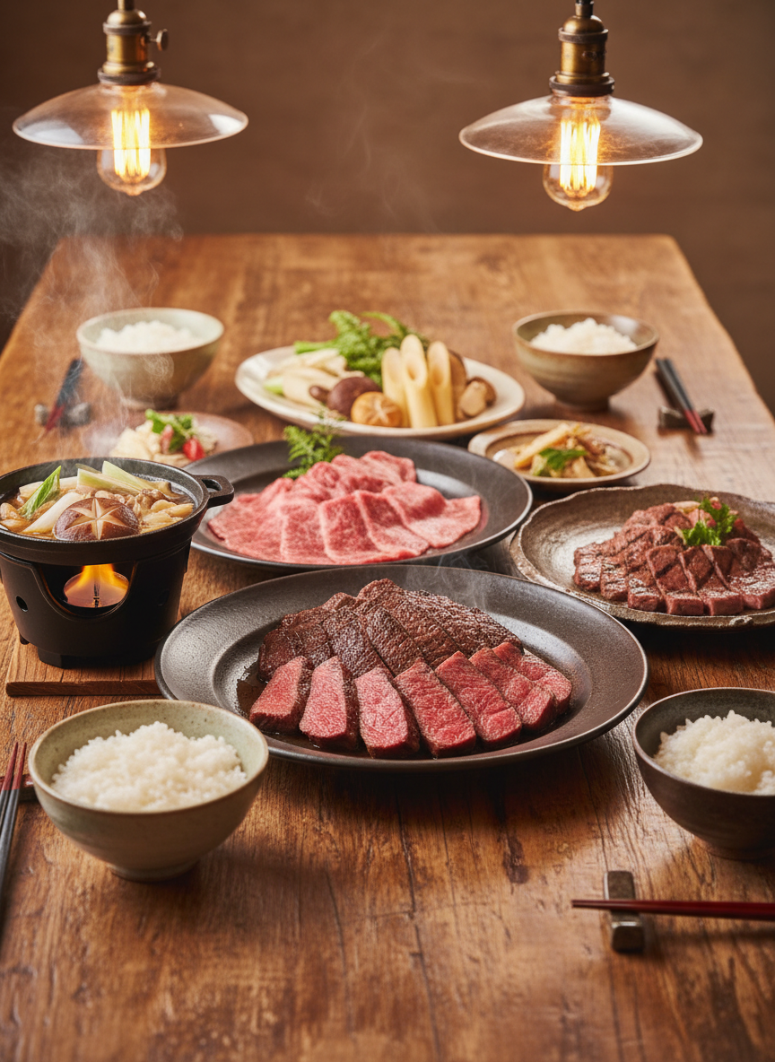 A long wooden farmhouse table holds an elegant presentation of Yamagata-mura Tankaku beef cuisine: neatly sliced medium-rare steaks with a deep ruby center and seared caramelized edges, a small iron pot of simmering sukiyaki-style beef, and a rustic plate of grilled cuts with char marks. Seasonal mountain vegetables, glossy white rice in ceramic bowls, and lacquered chopstick rests surround the dishes. Warm pendant lighting overhead casts a golden glow, creating appetizing highlights on the meat’s marbling and steam rising gently. Photographic realism, shot from a slightly elevated three-quarter angle, with shallow depth of field that keeps the main beef dishes in sharp focus while the background falls into a soft, inviting blur.